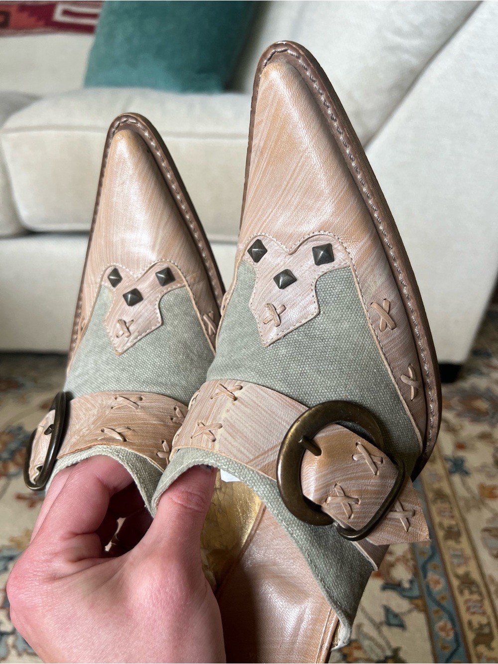 Vintage Western Mules Women's Pointed Buckle Slip-On Shoes in Tan and Pink EU 40
